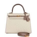 Hermès Special Order (HSS) Kelly Sellier 25 Beton and Gris Asphalte Ostrich Gold Hardware (HANDMADE)