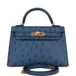 Hermès Kelly Sellier 20 Bleu Iris Ostrich Gold Hardware (HANDMADE)