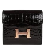 Hermès Constance Compact Wallet Black Shiny Alligator Rose Gold Hardware (HANDMADE)