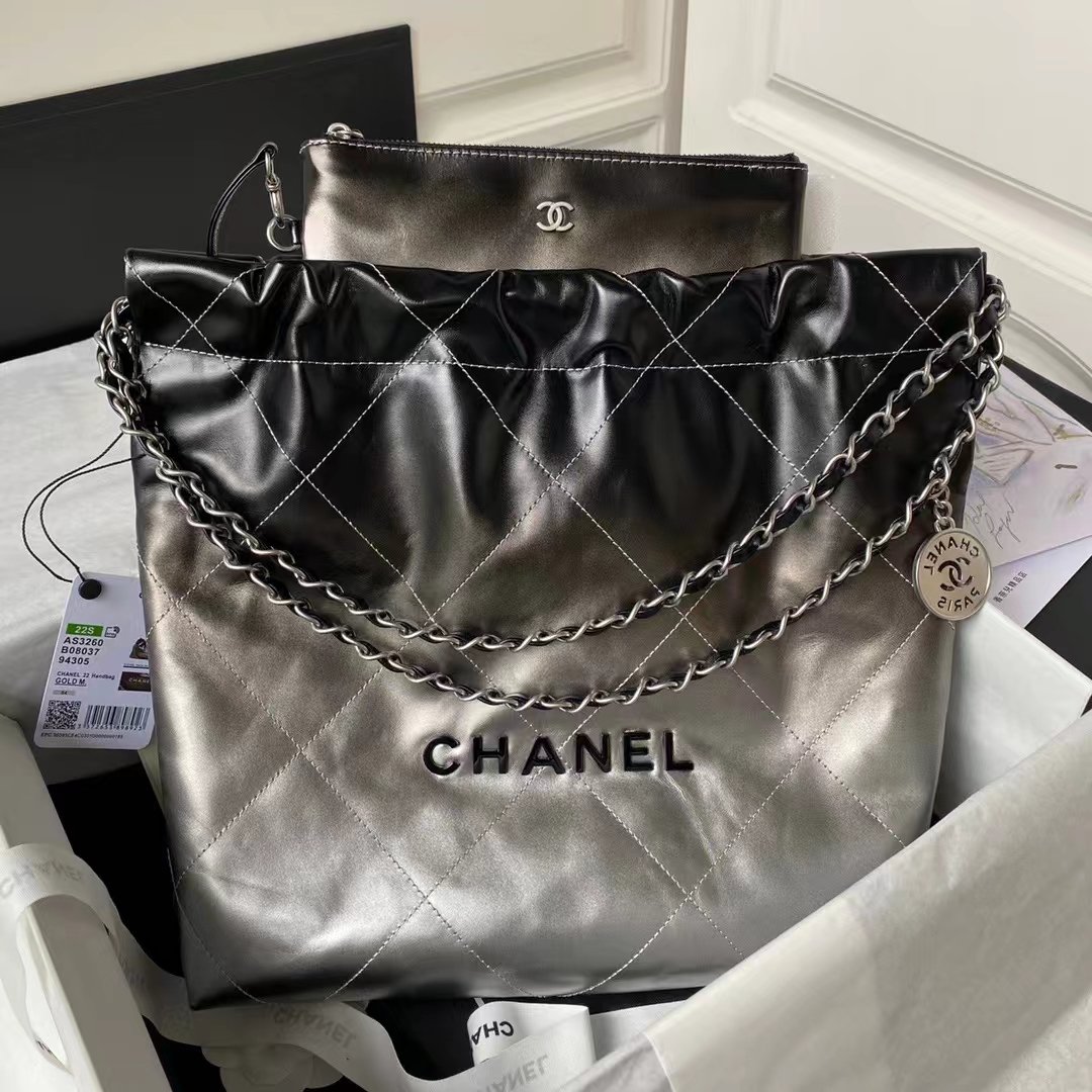 1e74d724dc784011850886f830151d91.jpg Chanel 22 AS3260 Small Bag Black and Silver Shiny Calfskin Silver Hardware - Image 1