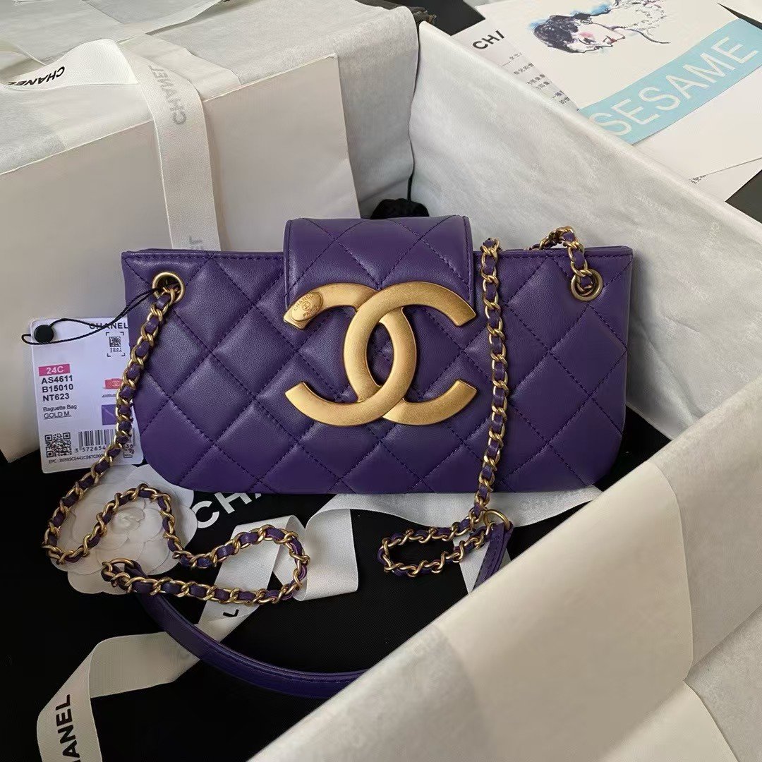 1f29348a3fa1424e99f8c08da519efaa.jpg Chanel 24C AS4611 Vintage Logo Lambskin Rectangular Shoulder Bag Purple - Image 1