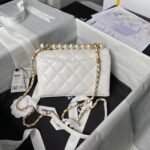 Chanel AS5001 Mini Flap Bag Top Handle Shiny Lambskin Imitation Pearl & Gold Metal White - Image 2