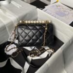 Chanel AS5001 Mini Flap Bag Top Handle Shiny Lambskin Imitation Pearl & Gold Metal Black - Image 2