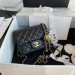 Chanel 23C AS1786 Mini Square Pearl Embossed Flap Bag Antique Gold Hardware Black