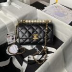 Chanel AS5001 Mini Flap Bag Top Handle Shiny Lambskin Imitation Pearl & Gold Metal Black