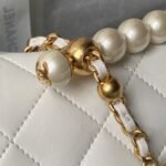Chanel AS5001 Mini Flap Bag Top Handle Shiny Lambskin Imitation Pearl & Gold Metal White - Image 4