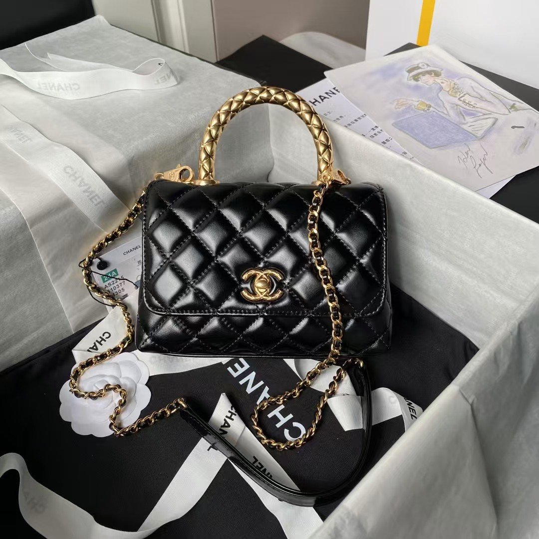 a66eb7f6863748e88fe559328b977c41.jpg Chanel AS2215 Mini Flap Bag With Metal Top Handle Shiny Calfskin Black - Image 1
