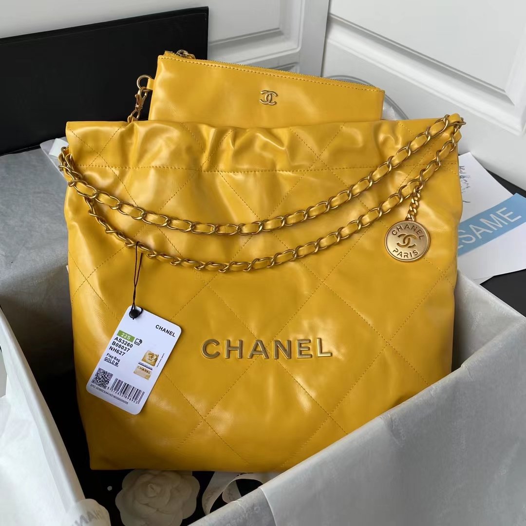 ccd51b6d449541d282afba3583a0feef.jpg Chanel 22 AS3260 Small Bag Yellow Calfskin Gold Hardware - Image 1