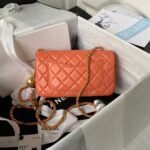 Chanel 23K AS1787 Mini Pearl Embossed Rectangular Flap Bag Lambskin Brushed Metal Hardware Orange - Image 2