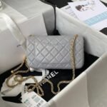 Chanel 23K AS1787 Mini Pearl Embossed Rectangular Flap Bag Lambskin Brushed Metal Hardware Light Grey - Image 2