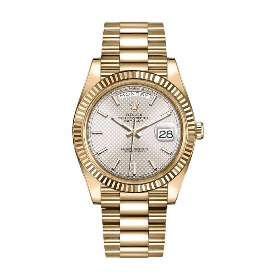 rolex-day-date-228238-n-yellow-gold-silver-diagonal-dial-replica.jpg Rolex Day-Date 228238-0004 "Diagonal Silver" Premium Duplicate - Image 1